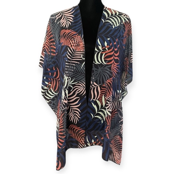 Sweaters - Chiffon Tropical Palm print Open Front Kimono One Size Semi Sheer Swim Coverup